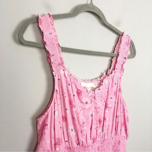 LOVESHACKFANCY | Norelli Smocked Ruffle Floral Pink Mini Dress Women’s Size L - Picture 5 of 12